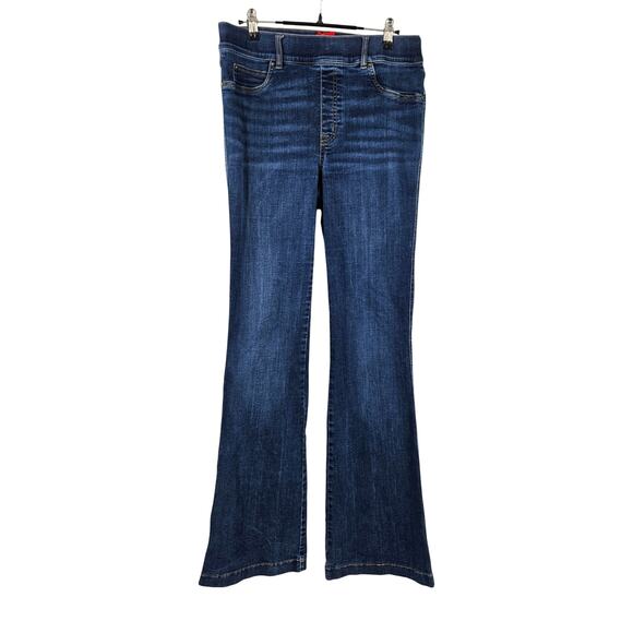 Spanx Pull On Flare Jeans Blue Dark Wash Stretch Bootcut High Rise Denim Size L - Picture 2 of 7